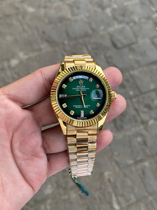 Gold Green Case Premium Stainless Steel Day Date Watch For Men