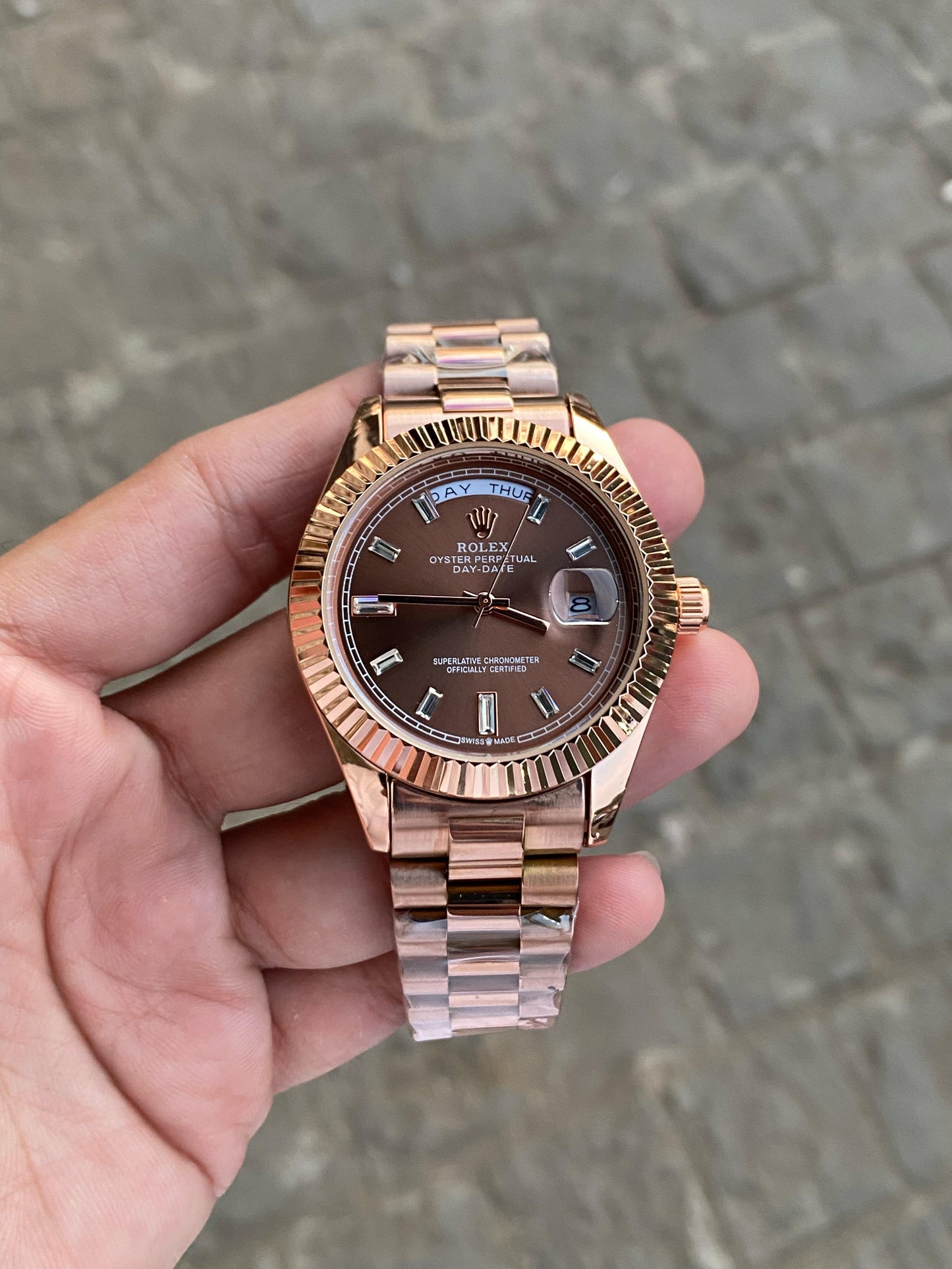 Rose Gold Case Premium Stainless Steel Day Date Watch For Men