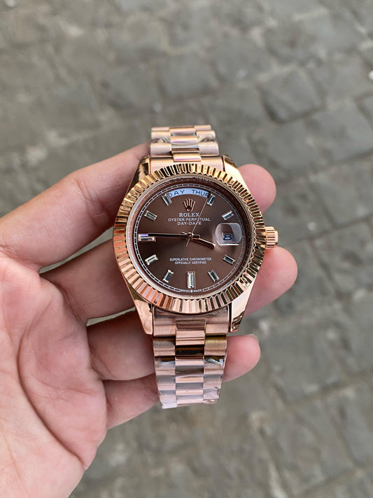 Rose Gold Case Premium Stainless Steel Day Date Watch For Men