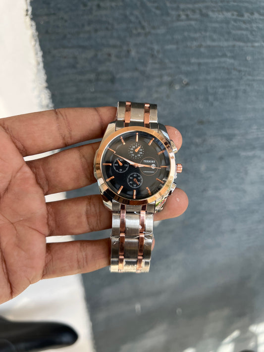 Rose Gold Black Plated Round Dial Date Analog Watch For Men