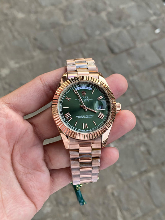 Rose Gold Green Case Premium Stainless Steel Day Date Watch For Men