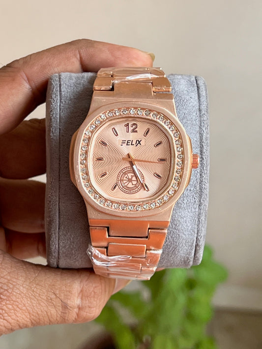 Rose Gold Sqaure  Dial Date Analog Watch For Men