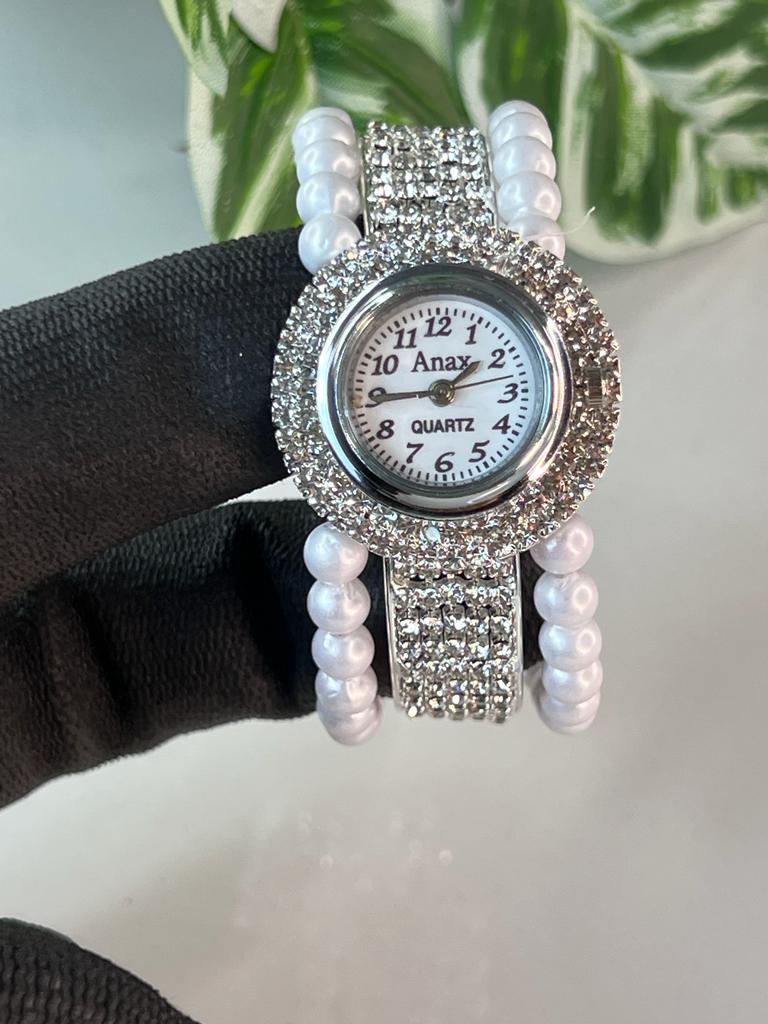 Round  White Dial Stone Embedded Watch For Women And Girls