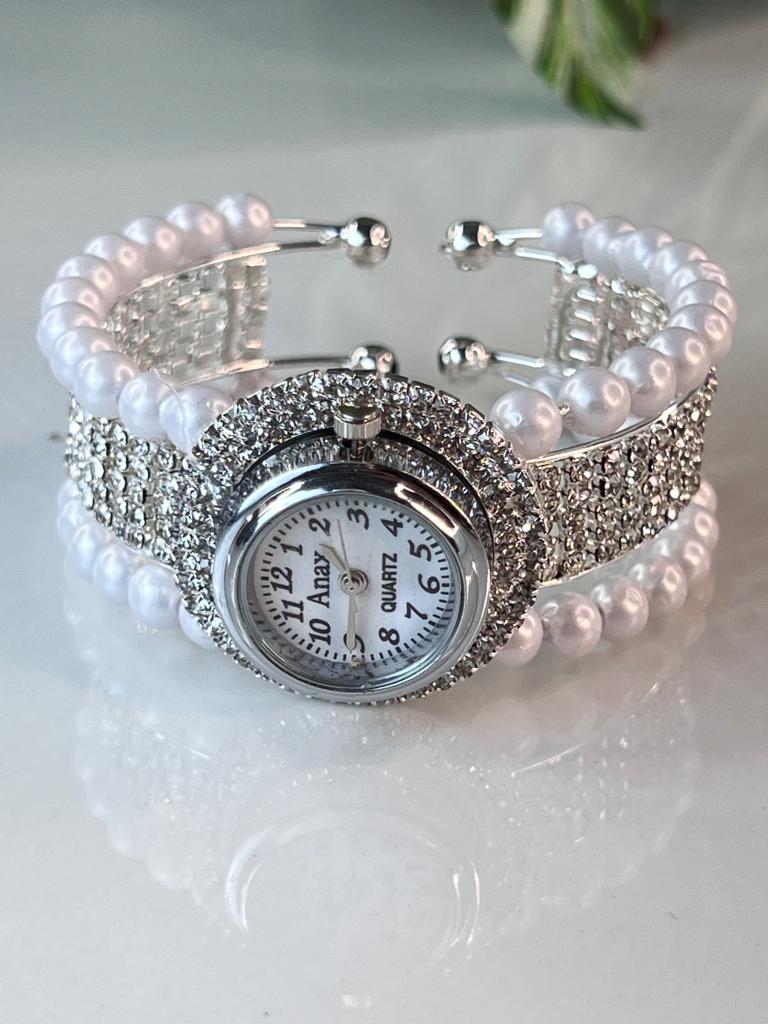 Round  White Dial Stone Embedded Watch For Women And Girls