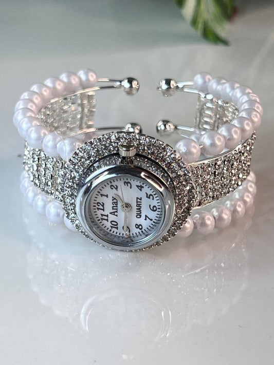 Round  White Dial Stone Embedded Watch For Women And Girls