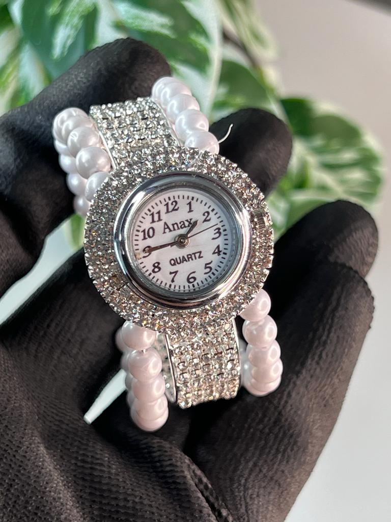 Round  White Dial Stone Embedded Watch For Women And Girls