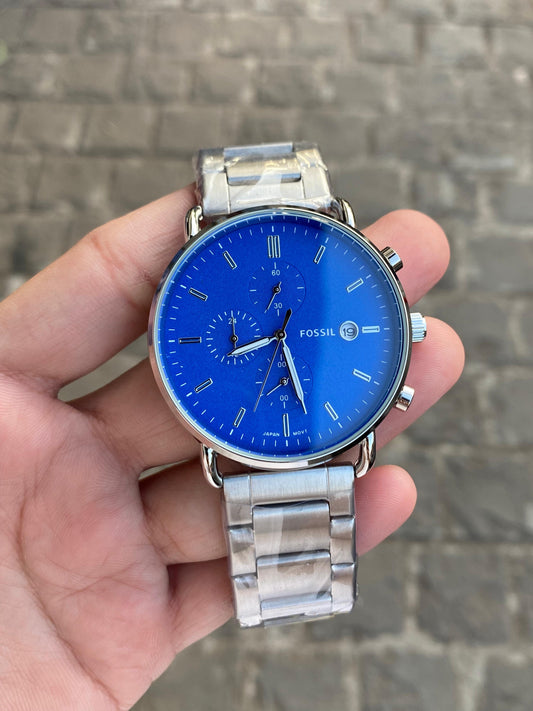 Silver Blue Comnuter  Analog Dial Dual Tone Stainless Steel Luxurious Watch For Men