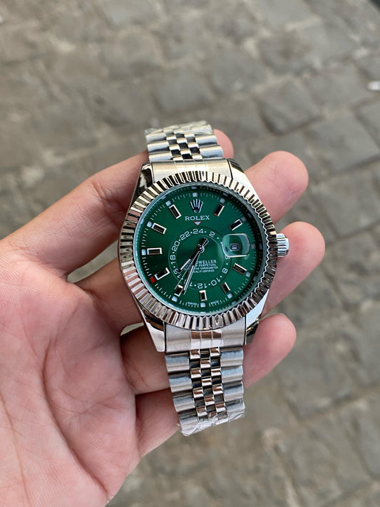 Silver Green Sky Dweller  Analog Dial Dual Tone Stainless Steel Luxurious Watch For Men