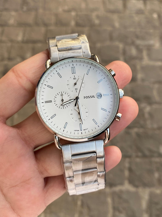 Silver White Comnuter  Analog Dial Dual Tone Stainless Steel Luxurious Watch For Men