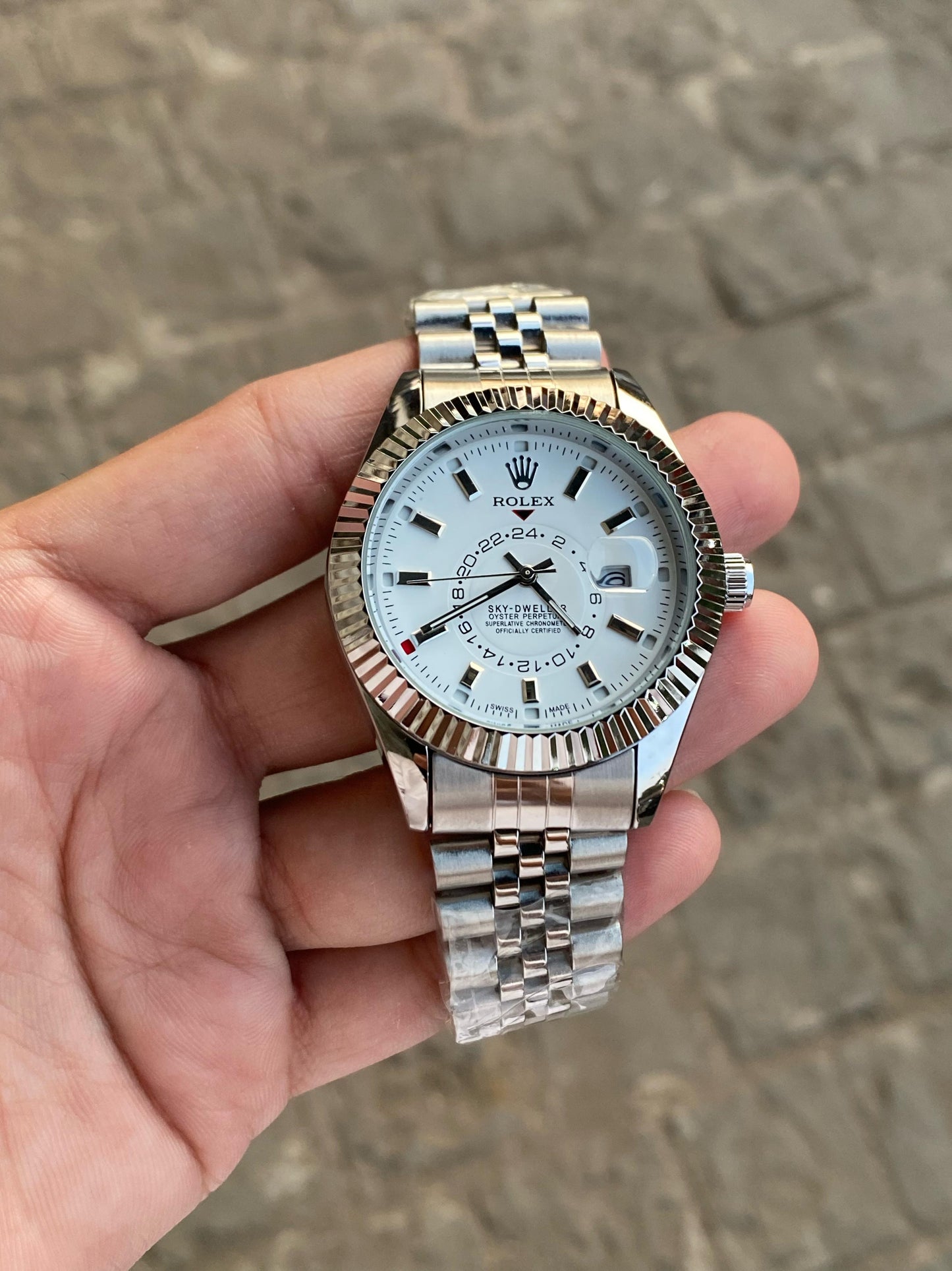 Silver White Sky Dweller  Analog Dial Dual Tone Stainless Steel Luxurious Watch For Men