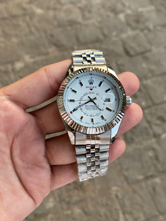 Silver White Sky Dweller  Analog Dial Dual Tone Stainless Steel Luxurious Watch For Men