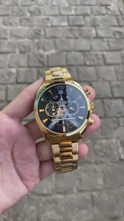 Gold Black Round Paris Dial Date ChronographAnalog Watch For Men