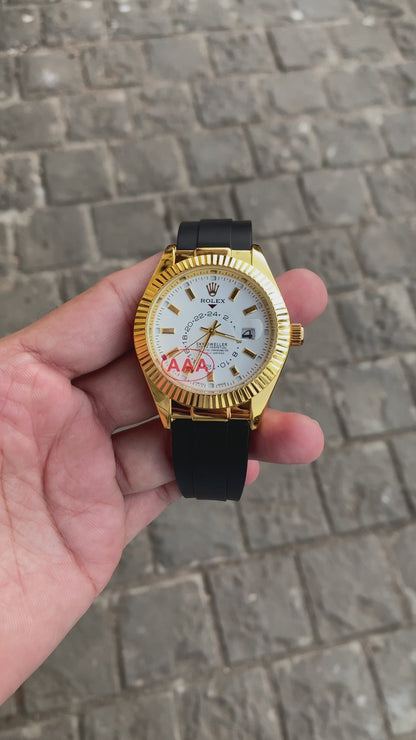 Gold White Dial Rol__ex Sky Dweller Watch For Men