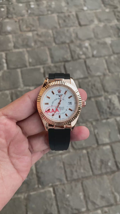 Rose Gold White Dial Rol__ex Sky Dweller Watch For Men