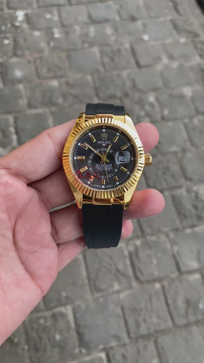 Gold Black Dial Rol__ex Sky Dweller Watch For Men