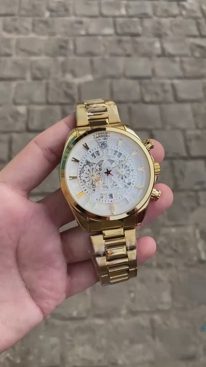 Gold White Dial Date Chronograph stainless steel Analog Watch For Men