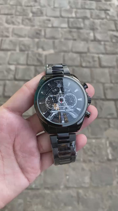 Black Plated Round Paris Dial Chronograph Design Analog Watch For Men