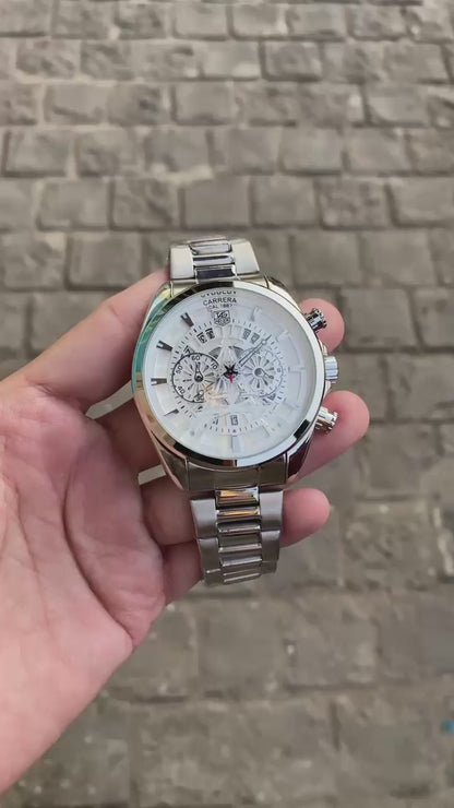 Silver White Paris Round Dial Date Chronograph Analog Watch For Men