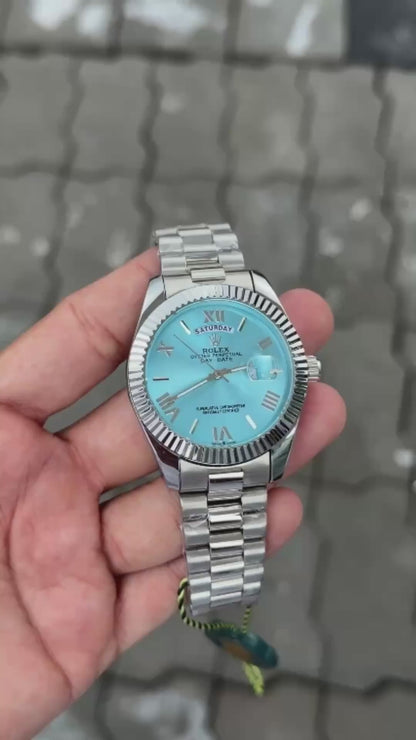 Silver Sky Blue Case Premium Stainless Steel Role_x Strap Day Date Watch For Men