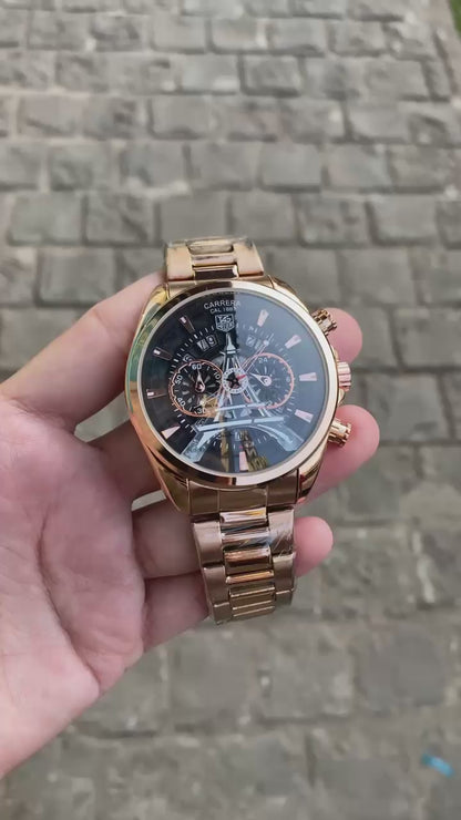 Rose Gold Black Plated Paris Round Dial Date Analog Watch For Men