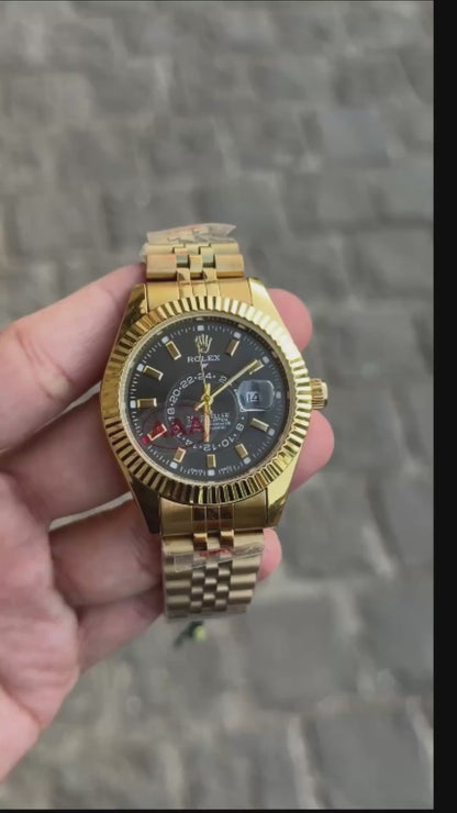Gold Black Sky Dweller Analog Dial Dual Tone Stainless Steel Luxurious Watch For Men