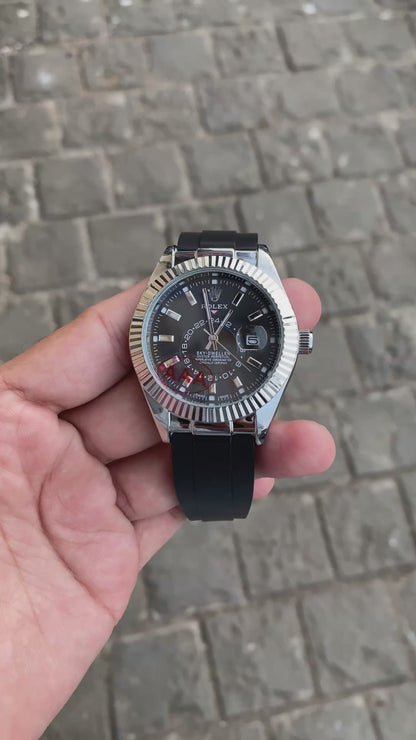 Silver Black Dial Rol__ex Sky Dweller Watch For Men