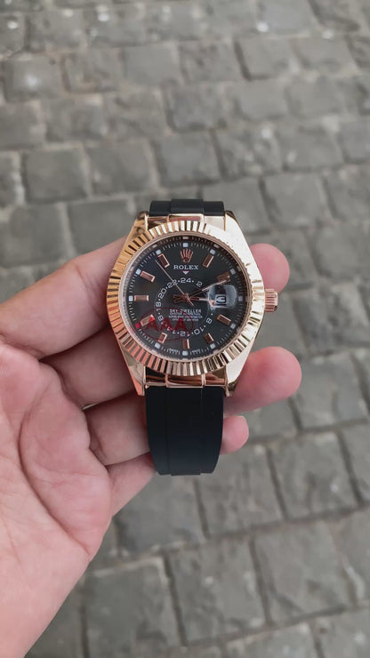 Rose Gold Black Dial Rol__ex Sky Dweller Watch For Men