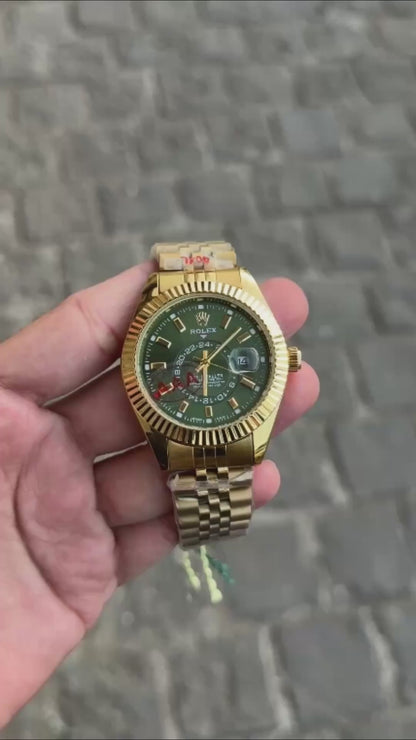 Gold Green Sky Dweller Analog Dial Dual Tone Stainless Steel Luxurious Watch For Men