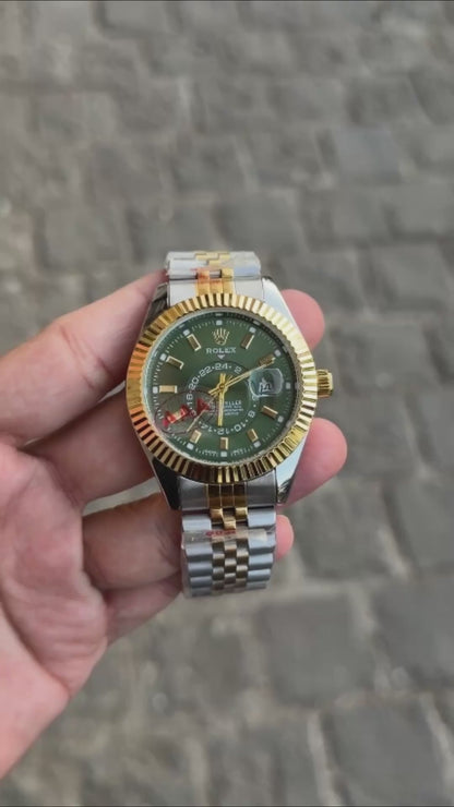 Tuton Gold Green Sky Dweller Analog Dial Dual Tone Stainless Steel Luxurious Watch For Men