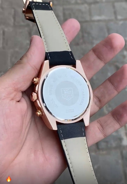 Black  Rose Gold Case Premium Leather Strap CR7 Watch For Men